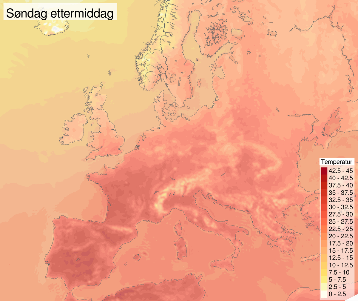 Temperatur i Europa søndag