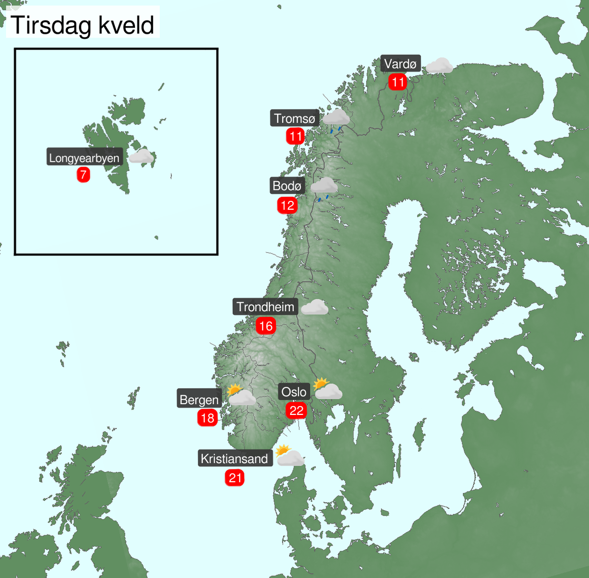 Kart som viser været i Norge tirsdag kveld.