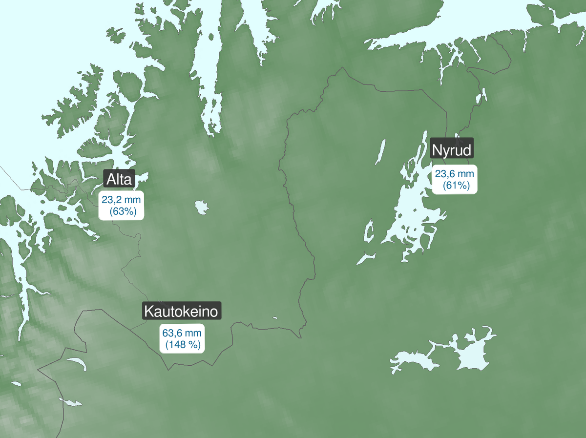 Kar med nedbørobservasjoner for et utvalg plasser i Finnmark for onsdag 2.september