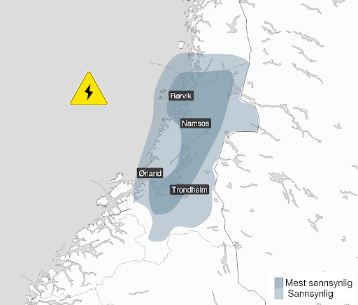 Kart som viser område med risiko for mye lyn i sentrale Trøndelag
