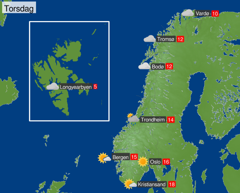 Været i Norge på torsdag