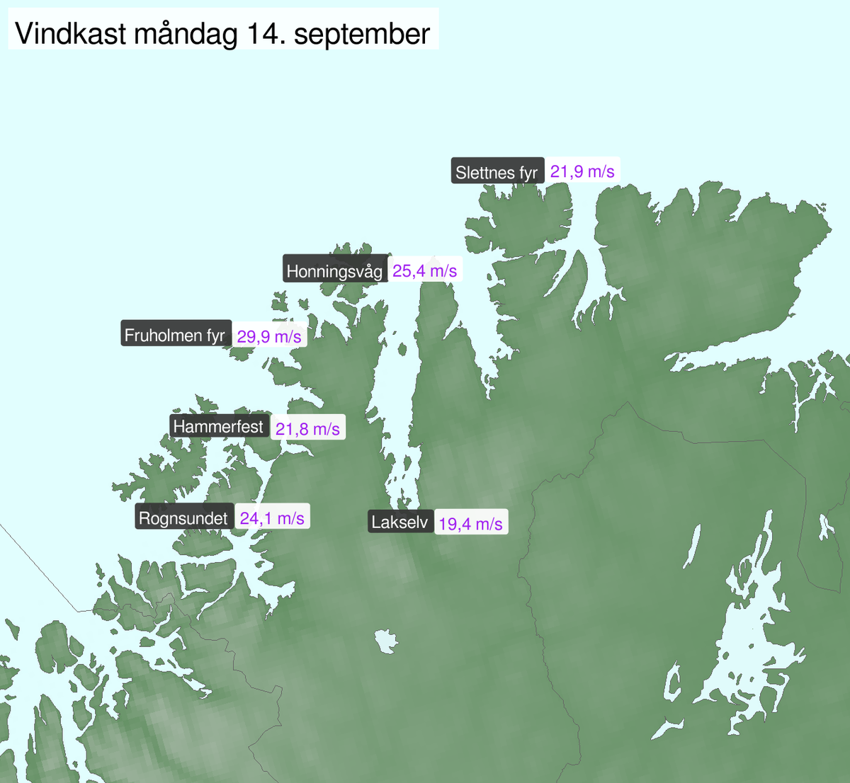Observerte vindkast i Finnmark mandag 14. september