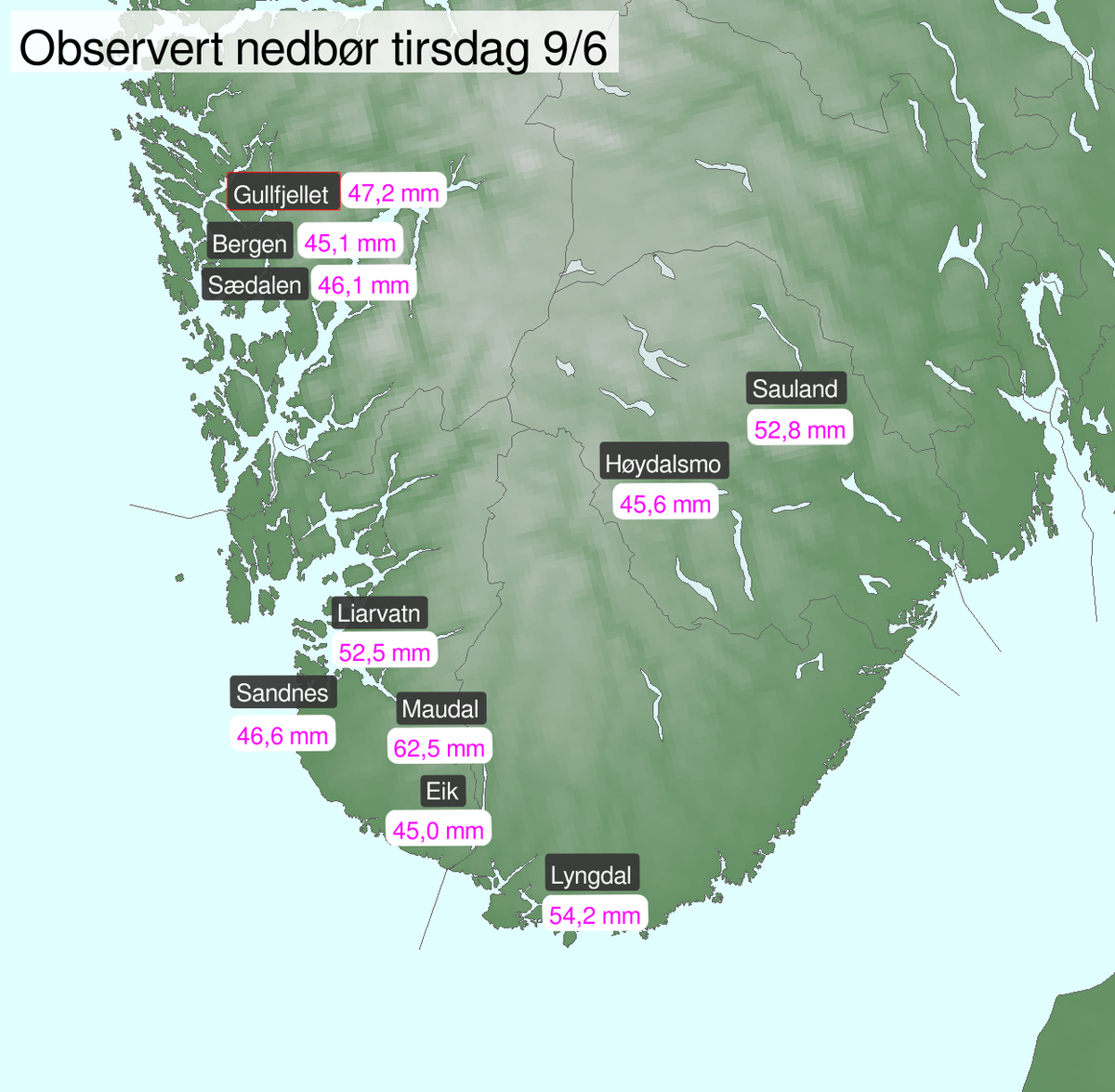 De 10 plassene med mest nedbør 9. juni