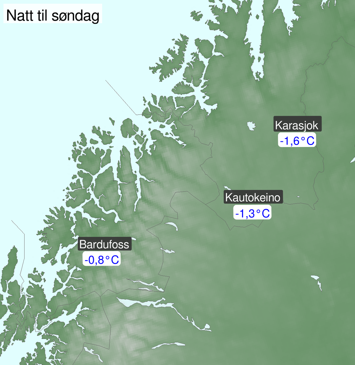 observert minimumstemperatur natt til mandag