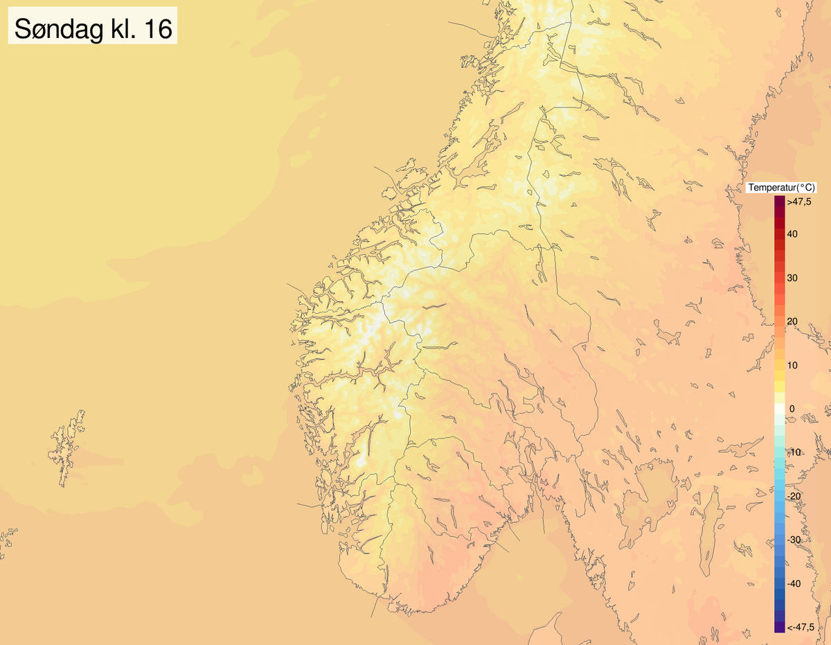 Temperaturkart søndag ettermiddag. Det kan bli 20 grader på Sørlandet og Østlandet.