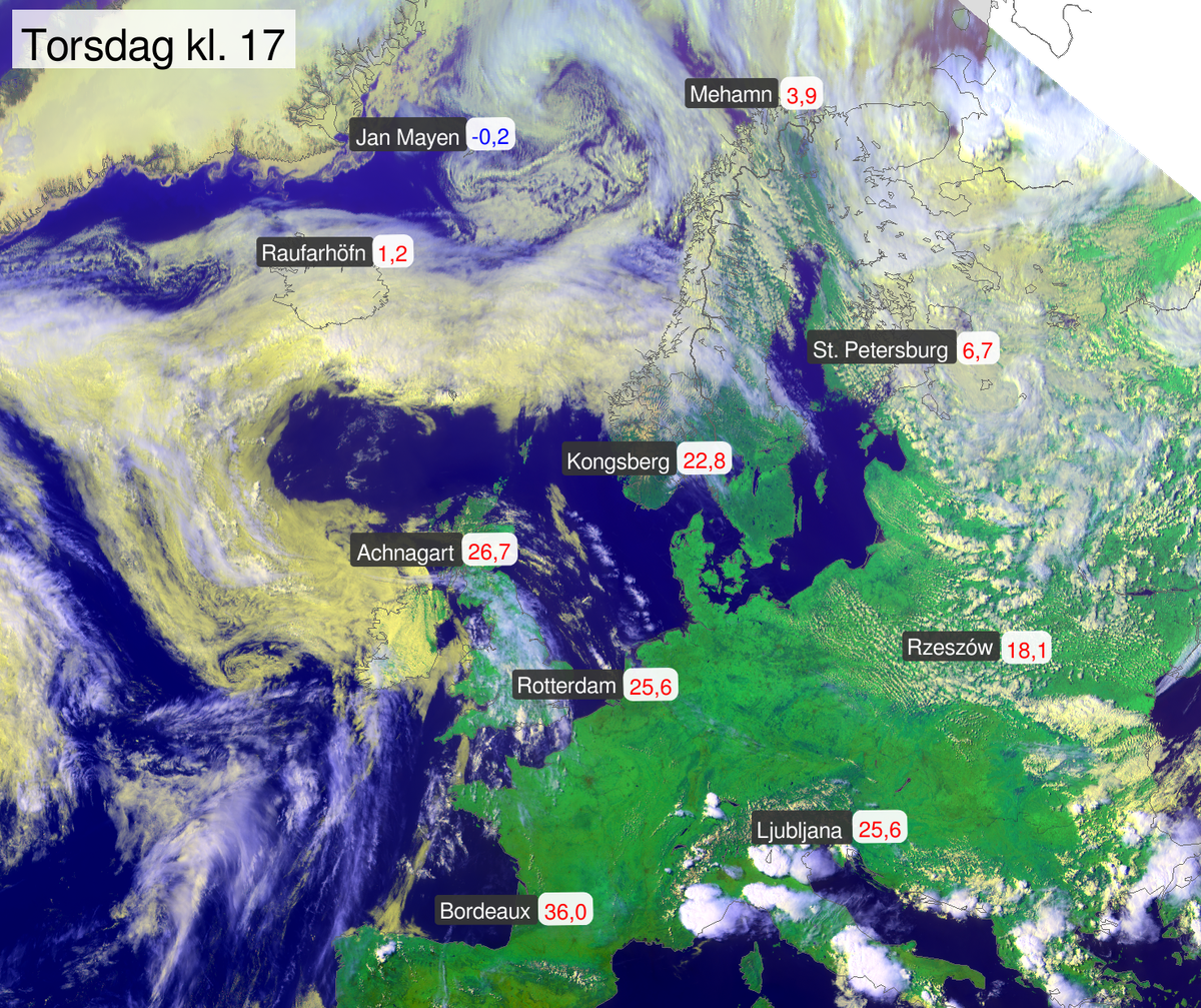 Satellittbilde over store deler av Europa torsdag ettermiddag. Noen utvalgte steder er markert med temperatur.