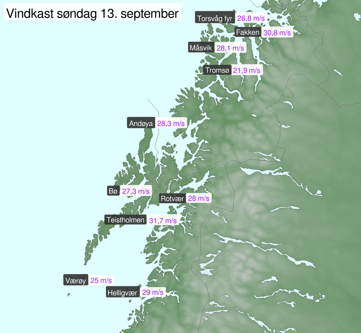 Observerte vindkast i Nordland og Troms søndag 13. september