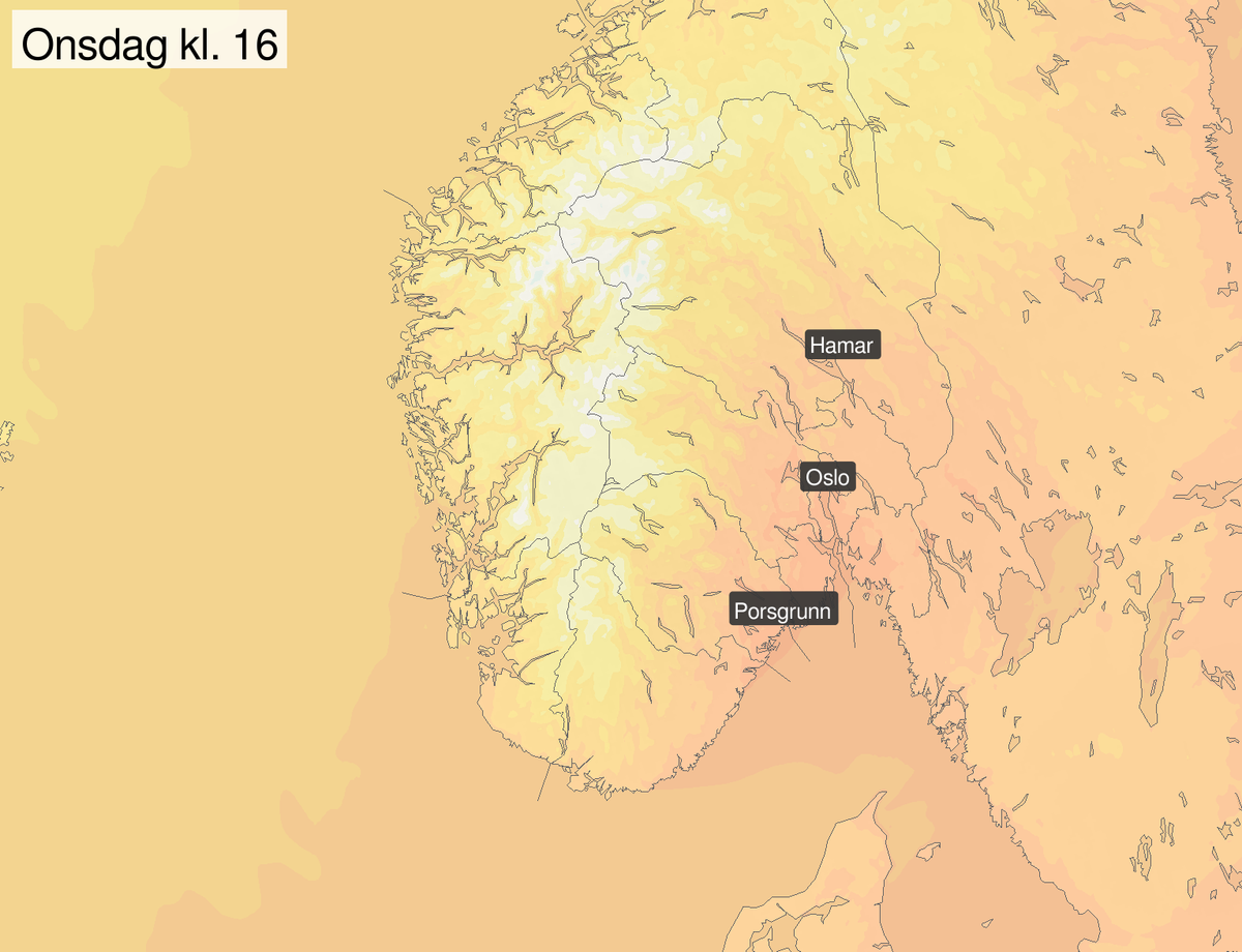 Temperaturkart over Østlandet onsdag. Det er ventet opp i 20 grader.