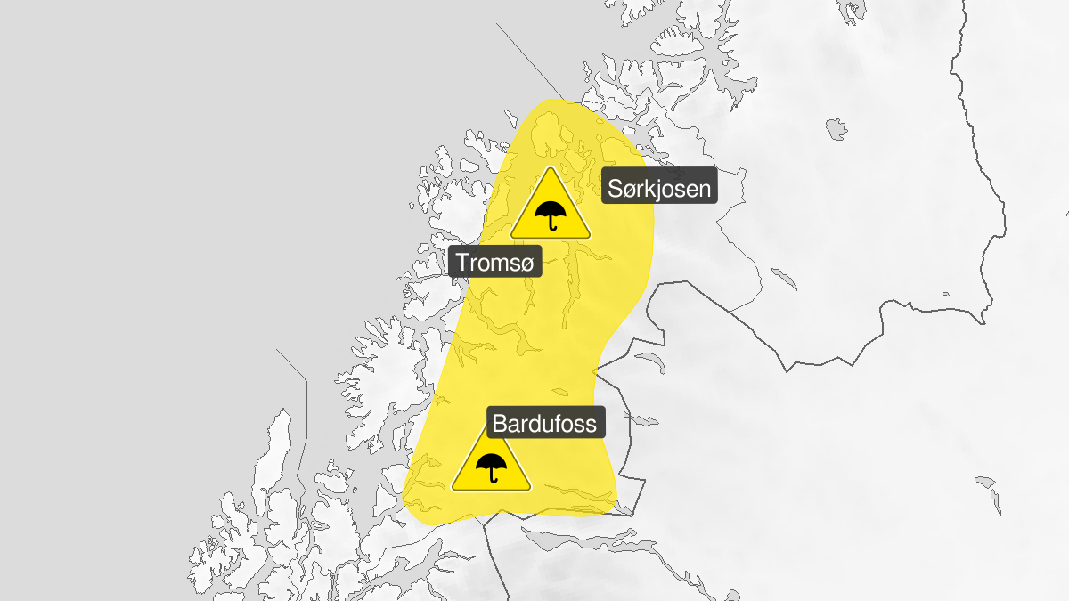 farevarsel om mye regn i deler av Troms