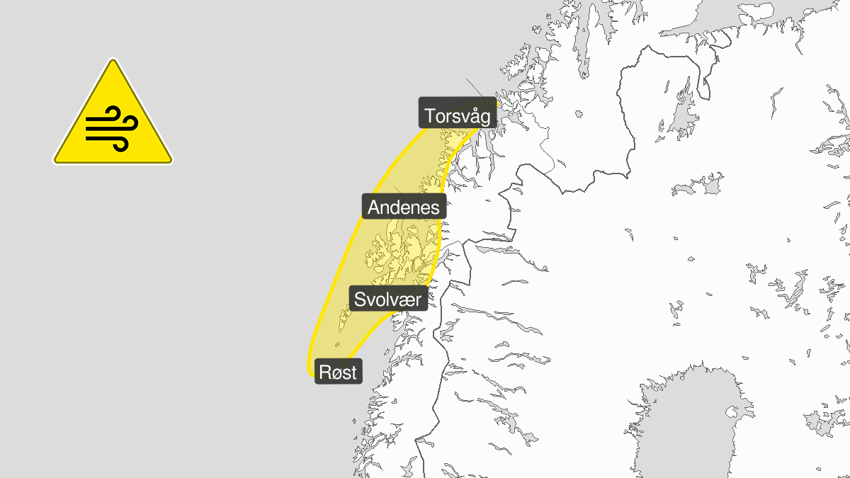 Kart over NordNorge med område for gult farevarsel på vindkast nord i Nordland og deler av Troms
