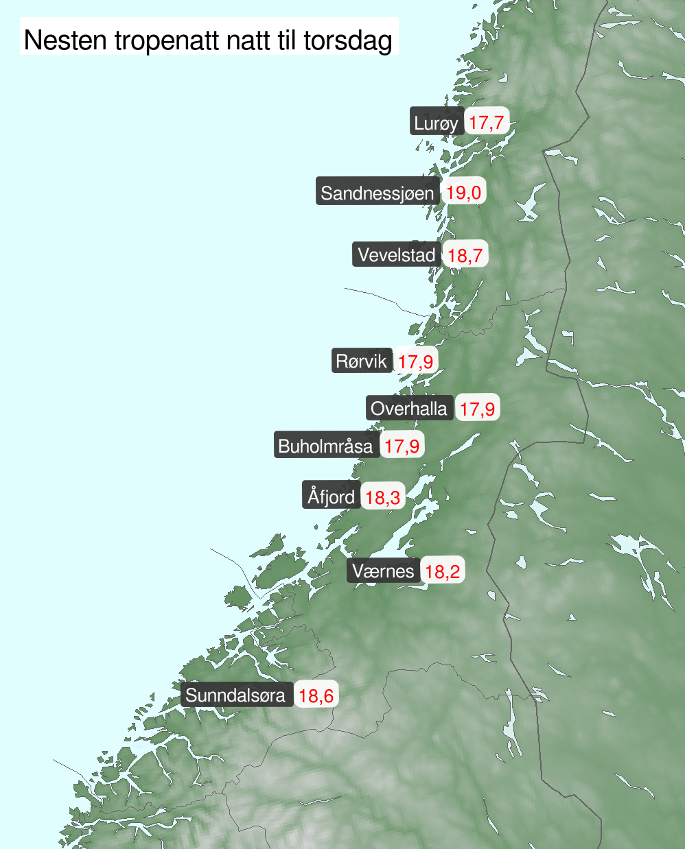 Kart over Midt-Norge og Helgeland som viser de varmeste steder i landet natt til torsdag