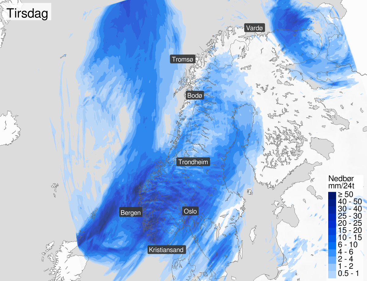 Kart som viser samlet regnmengde for tirsdagsdøgnet over hele Norge.