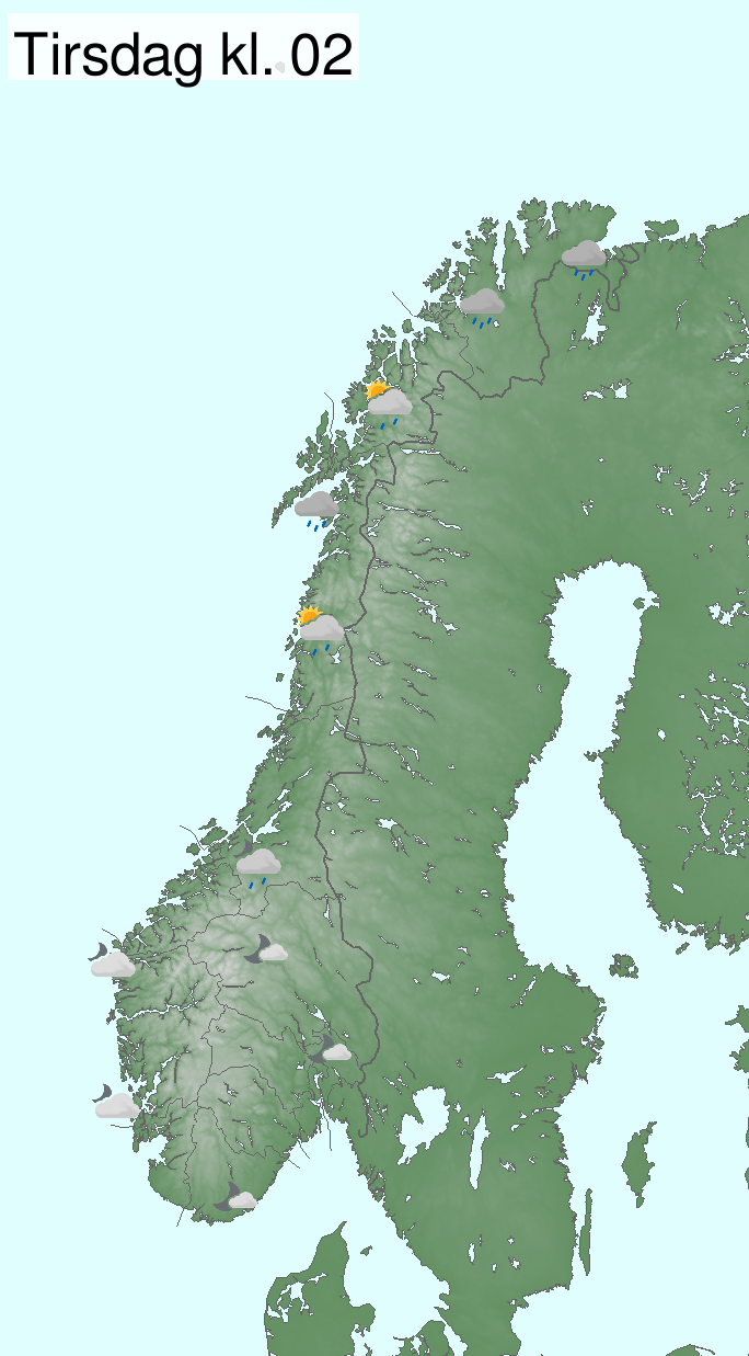 kart over norge, kl 02 natt til tirsdag