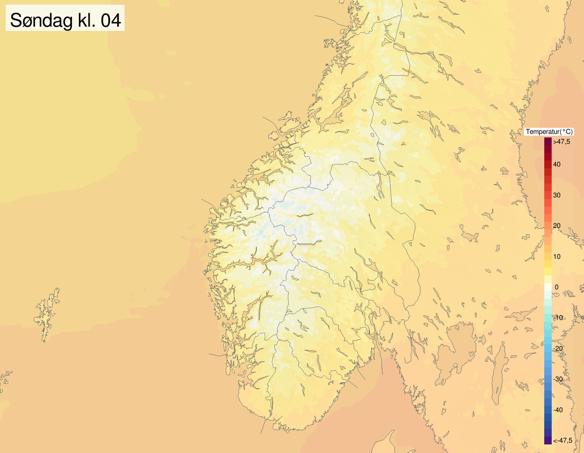 Temperaturkart i Sør-Norge natt til søndag. Det begynner å bli minusgrader i fjellet.