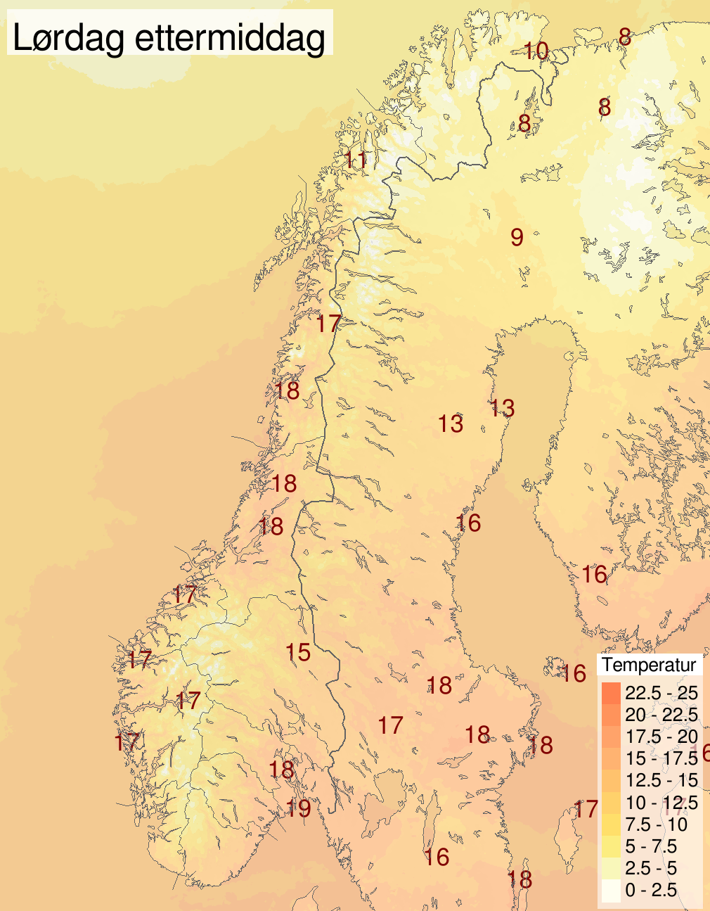 Temperaturar lørdag