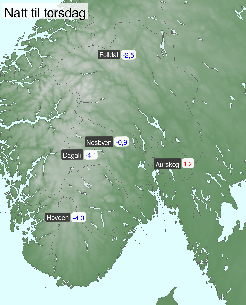 Kart over Sør-Norge som viser temperatur på utvalgte steder natt til torsdag.